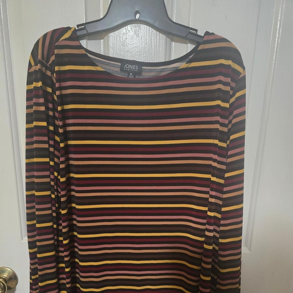 Jones New York XL Long Sleeve  Boat Neck Knit Top Multi-Color Blouse